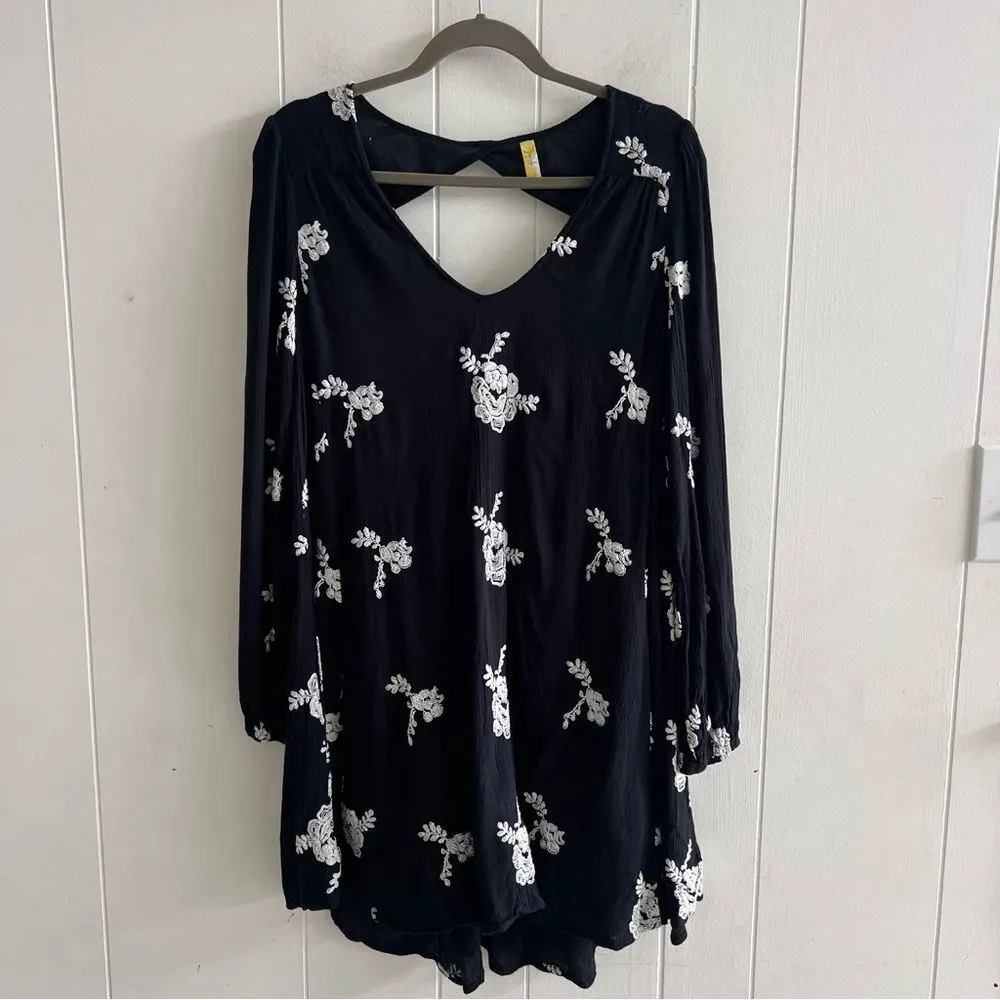 Free People Emma Bohemian Long Sleeve Tunic Dress in Black Combo